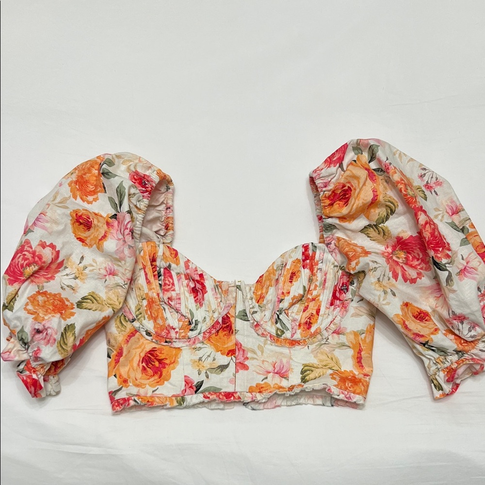 For Love & Lemons Floral Puff Sleeve Crop Top in White, Pink, Orange, Green